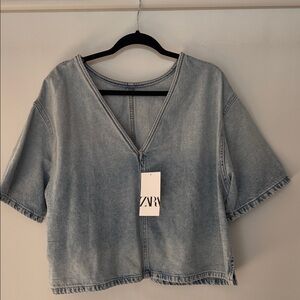 Zara Light Blue Washed V-Neck Boxy Denim